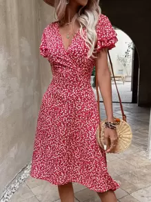 SHEIN LUNE 碎花蝴蝶袖連衣裙 - 紅色 - 查看 6