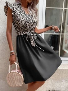 SHEIN Clasi Leopard Print Butterfly Sleeve Belted Dress - Black - View 6