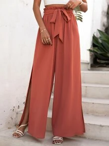 SHEIN VCAY 紙袋腰高衩腰帶闊腿褲 - 紅木色 - 查看 1