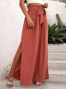 SHEIN VCAY 紙袋腰高衩腰帶闊腿褲 - 紅木色 - 查看 4