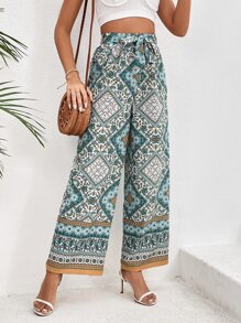 SHEIN VCAY Scarf Print Belted Wide Leg Trousers - Multicolor - View 1