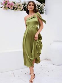 SHEIN Belle One Shoulder Knot Detail Bridesmaid Dress - Green - View 1
