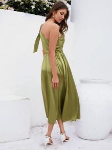 SHEIN Belle One Shoulder Knot Detail Bridesmaid Dress - Green - View 2