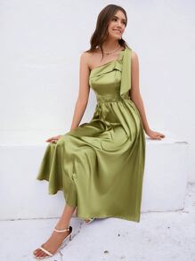 SHEIN Belle One Shoulder Knot Detail Bridesmaid Dress - Green - View 3
