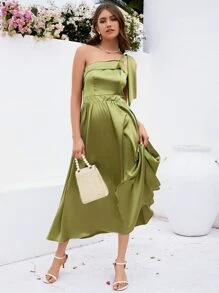 SHEIN Belle One Shoulder Knot Detail Bridesmaid Dress - Green - View 4