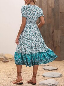 SHEIN VCAY Krås Hem Omlott Blommig Stam- Boho Klänning - Grön - Visa 2