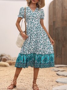 SHEIN VCAY Krås Hem Omlott Blommig Stam- Boho Klänning - Grön - Visa 5