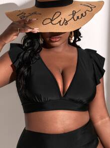 Plus Ruffle Trim Plunging Neck Bikini Top, For Summer Beach Vacation - Black - View 1