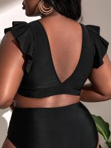 Plus Ruffle Trim Plunging Neck Bikini Top, For Summer Beach Vacation - Black - View 2