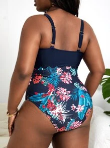 SHEIN Swim Curve 大碼熱帶圖案前鏤空連體泳衣 - 藏蓝色 - 查看 2