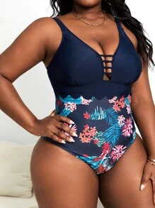 SHEIN Swim Curve 大碼熱帶圖案前鏤空連體泳衣 - 藏蓝色 - 查看 4