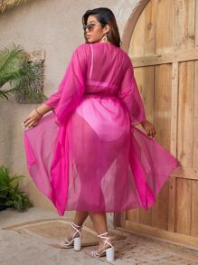 Plus Batwing Sleeve Belted Sheer Kimono - Hot Pink - View 2