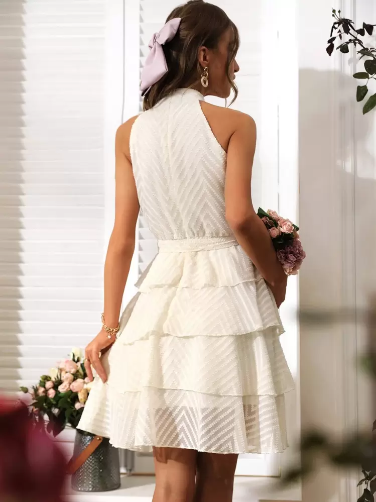 Breezaya Vestido con cinturón de cuello de halter sólido, atuendo de playa de vacaciones para mujer - Beis - Añade 2