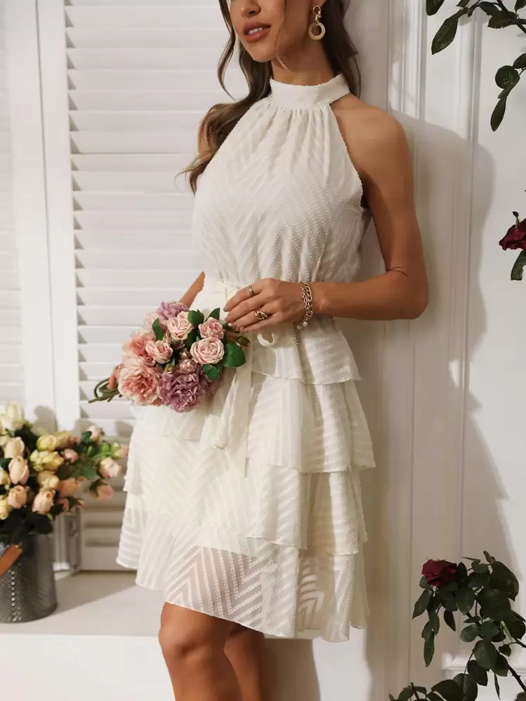 Breezaya Vestido con cinturón de cuello de halter sólido, atuendo de playa de vacaciones para mujer - Beis - Añade 3