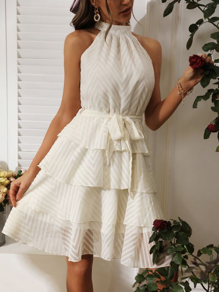 Breezaya Vestido con cinturón de cuello de halter sólido, atuendo de playa de vacaciones para mujer - Beis - Añade 5