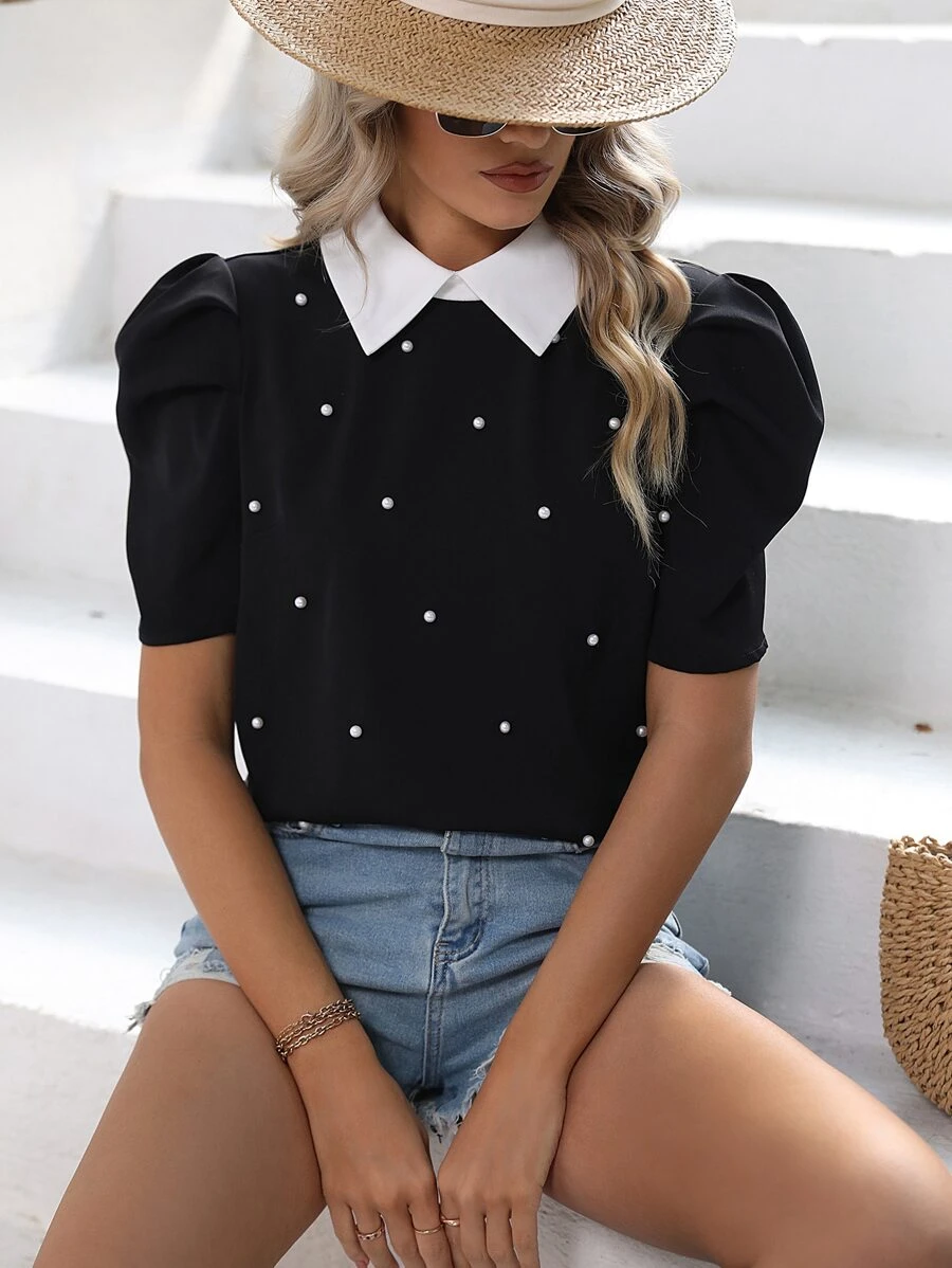SHEIN LUNE Contrast Collar Puff Sleeve Pearls Beaded Blouse - Black - View 1