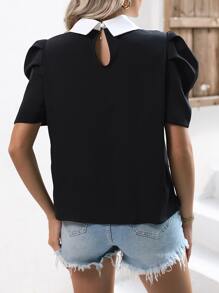 SHEIN LUNE Contrast Collar Puff Sleeve Pearls Beaded Blouse - Black - View 2