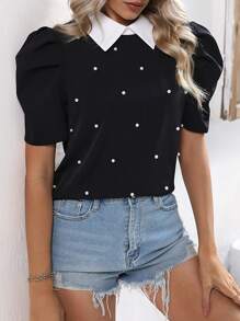 SHEIN LUNE Contrast Collar Puff Sleeve Pearls Beaded Blouse - Black - View 3