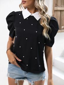 SHEIN LUNE Contrast Collar Puff Sleeve Pearls Beaded Blouse - Black - View 4