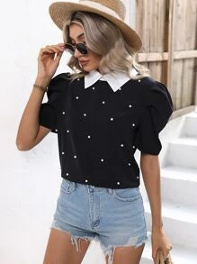 SHEIN LUNE Contrast Collar Puff Sleeve Pearls Beaded Blouse - Black - View 5