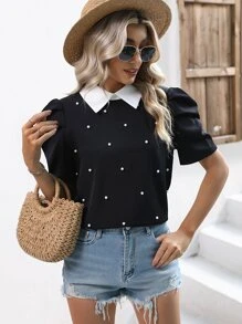 SHEIN LUNE Contrast Collar Puff Sleeve Pearls Beaded Blouse - Black - View 6