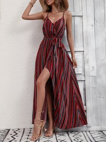 SHEIN VCAY 條紋印花高衩腰帶吊帶連衣裙 - 酒紅色 - 查看 4