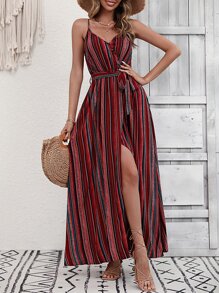 SHEIN VCAY 條紋印花高衩腰帶吊帶連衣裙 - 酒紅色 - 查看 5