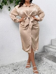 SHEIN Clasi Vestido camisero fruncido con cinturón - Albaricoque - Ver 1