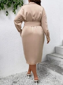 SHEIN Clasi Vestido camisero fruncido con cinturón - Albaricoque - Ver 2