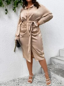 SHEIN Clasi Vestido camisero fruncido con cinturón - Albaricoque - Ver 4