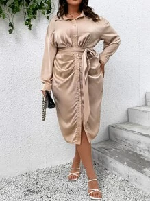 SHEIN Clasi Vestido camisero fruncido con cinturón - Albaricoque - Ver 5