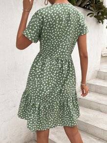 SHEIN LUNE 滿版印花荷葉邊娃娃裙 - 綠色 - 查看 2