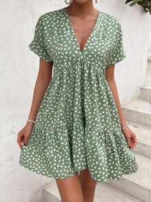 SHEIN LUNE 滿版印花荷葉邊娃娃裙 - 綠色 - 查看 5