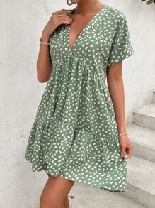 SHEIN LUNE 滿版印花荷葉邊娃娃裙 - 綠色 - 查看 4