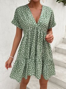 SHEIN LUNE 滿版印花荷葉邊娃娃裙 - 綠色 - 查看 6