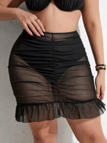 SHEIN Swim Curve 加上褶皱荷叶边下摆罩衫裙（无比基尼泳装），适合夏季海滩度假 - 黑色 - 查看 5