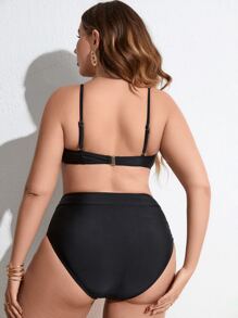Plus Size Lace Up Front High Waist Bikini Set Summer Beach - Black - View 2