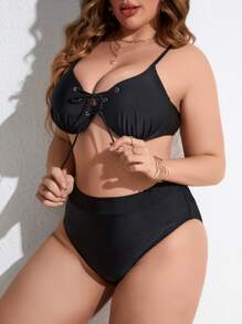 Plus Size Lace Up Front High Waist Bikini Set Summer Beach - Black - View 3