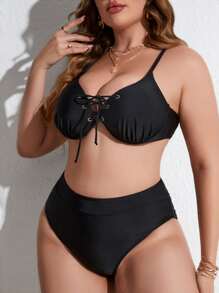 Plus Size Lace Up Front High Waist Bikini Set Summer Beach - Black - View 4