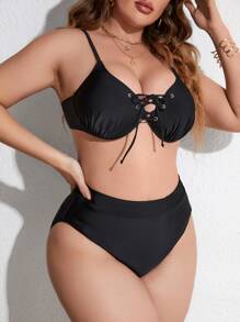 Plus Size Lace Up Front High Waist Bikini Set Summer Beach - Black - View 5