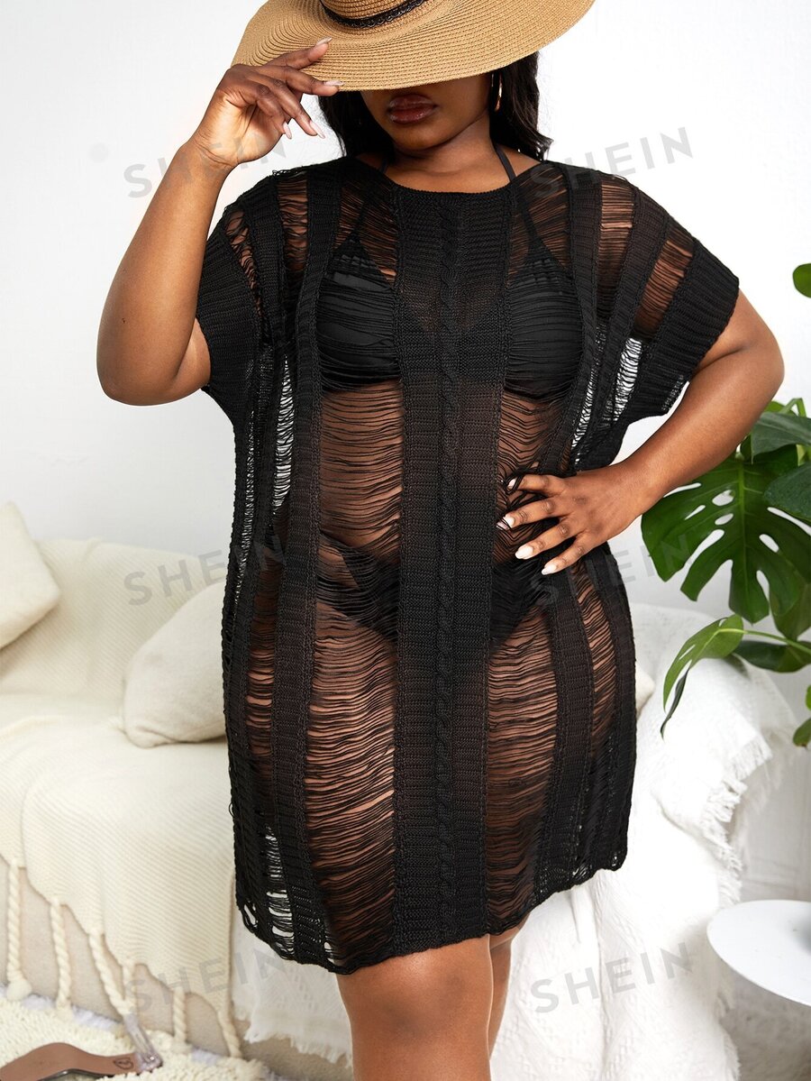 SHEIN Slayr Plus rochie de acoperire cu mâneci liliac cu cusătură deschisă, fără bikini - Negru - Vizualizare 1