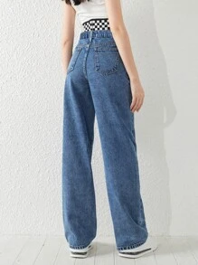 Chicas adolescentes Jeans de pierna recta con bolsillo oblicuo - Azul lavado oscuro - Ver 2