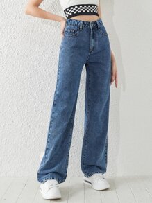 Chicas adolescentes Jeans de pierna recta con bolsillo oblicuo - Azul lavado oscuro - Ver 3