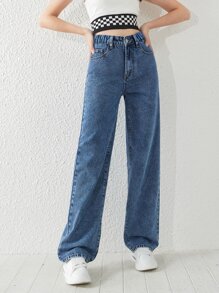 Chicas adolescentes Jeans de pierna recta con bolsillo oblicuo - Azul lavado oscuro - Ver 5