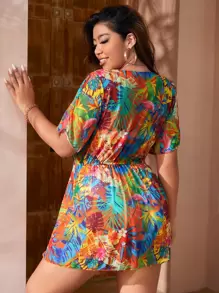 Swim Lushoire Summer Beach Plus Tropical Print Drawstring Waist Batwing Sleeve Mesh Cover Up - Multicolor - View 2