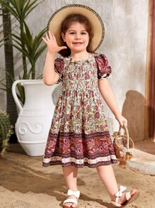 SHEIN 小女童印花泡泡袖連衣裙 - 彩色 - 查看 1