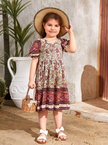 SHEIN 小女童印花泡泡袖連衣裙 - 彩色 - 查看 4