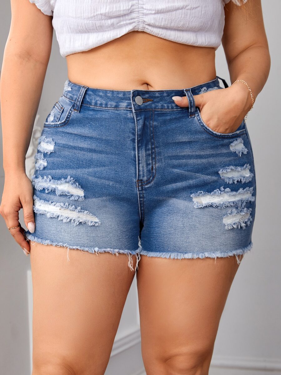 SHEIN Shorts mezclilla desgarro bajo crudo - Azul lavado medio - Ver 1