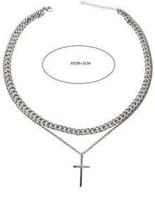 Cross Charm Layered Necklace - Silver - View 4