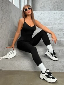 Yoga Basic 交叉露背運動連體褲 - 黑色 - 查看 2